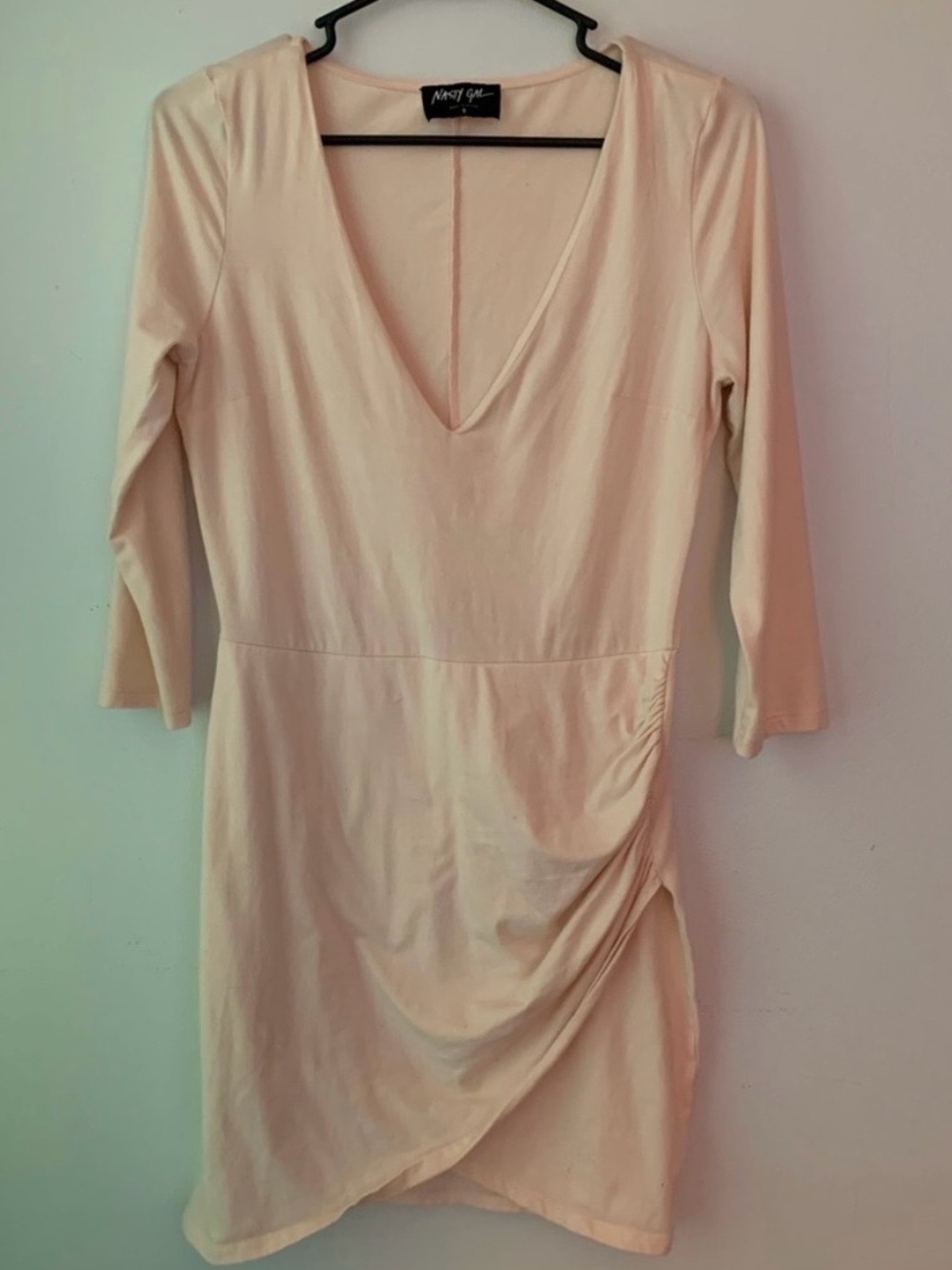 Nasty Gal Light Blush V-Neck Ruched Wrap Long Sleeve Dress